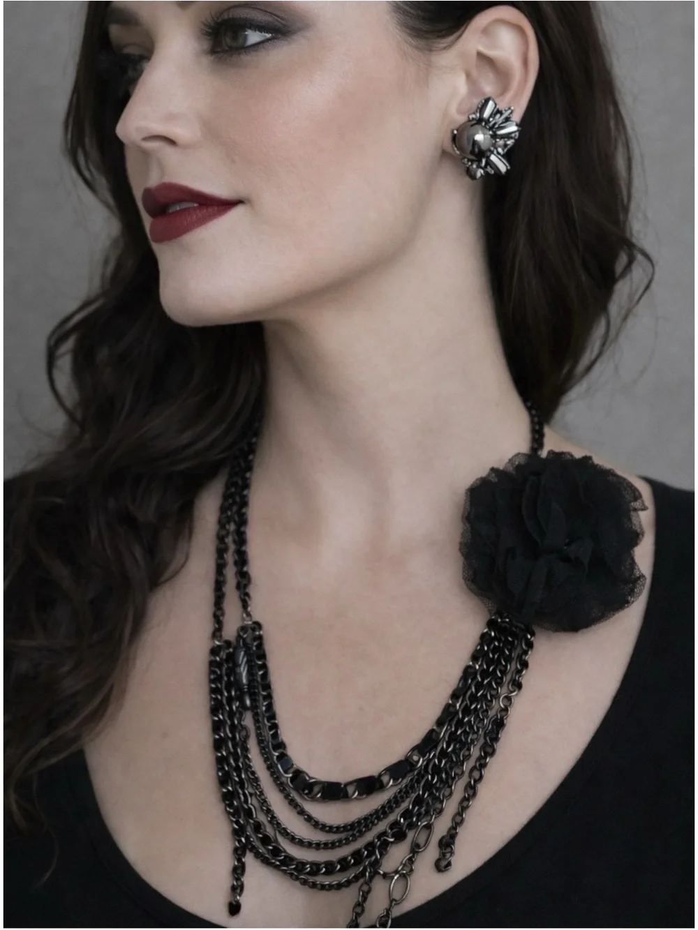 Vtg Y2K Gothic Romantic Black Multi‑Chain Necklace & Coordinating Earrings Set - Picture 1 of 12